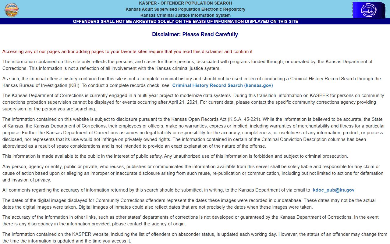 Clark County warrant records KDOC KASPER disclaimer source